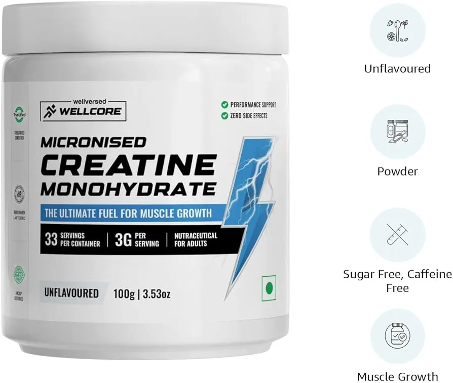 Wellcore - Pure Micronised Creatine Monohydrate | Unflavoured (100gm, 33 Servings) - Image 2